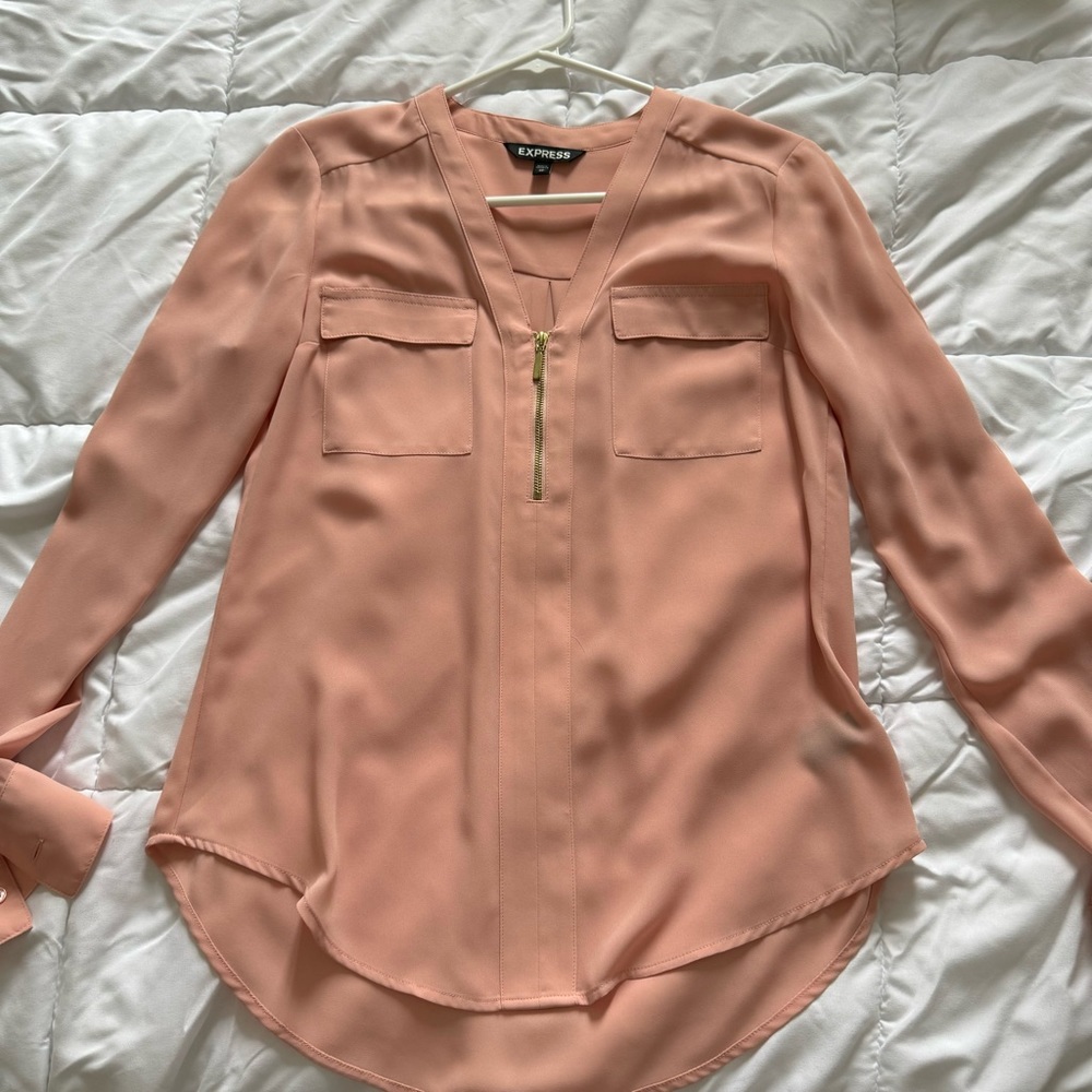 Express Pink Workwear Blouse with Gold Zipper Detail Size XS